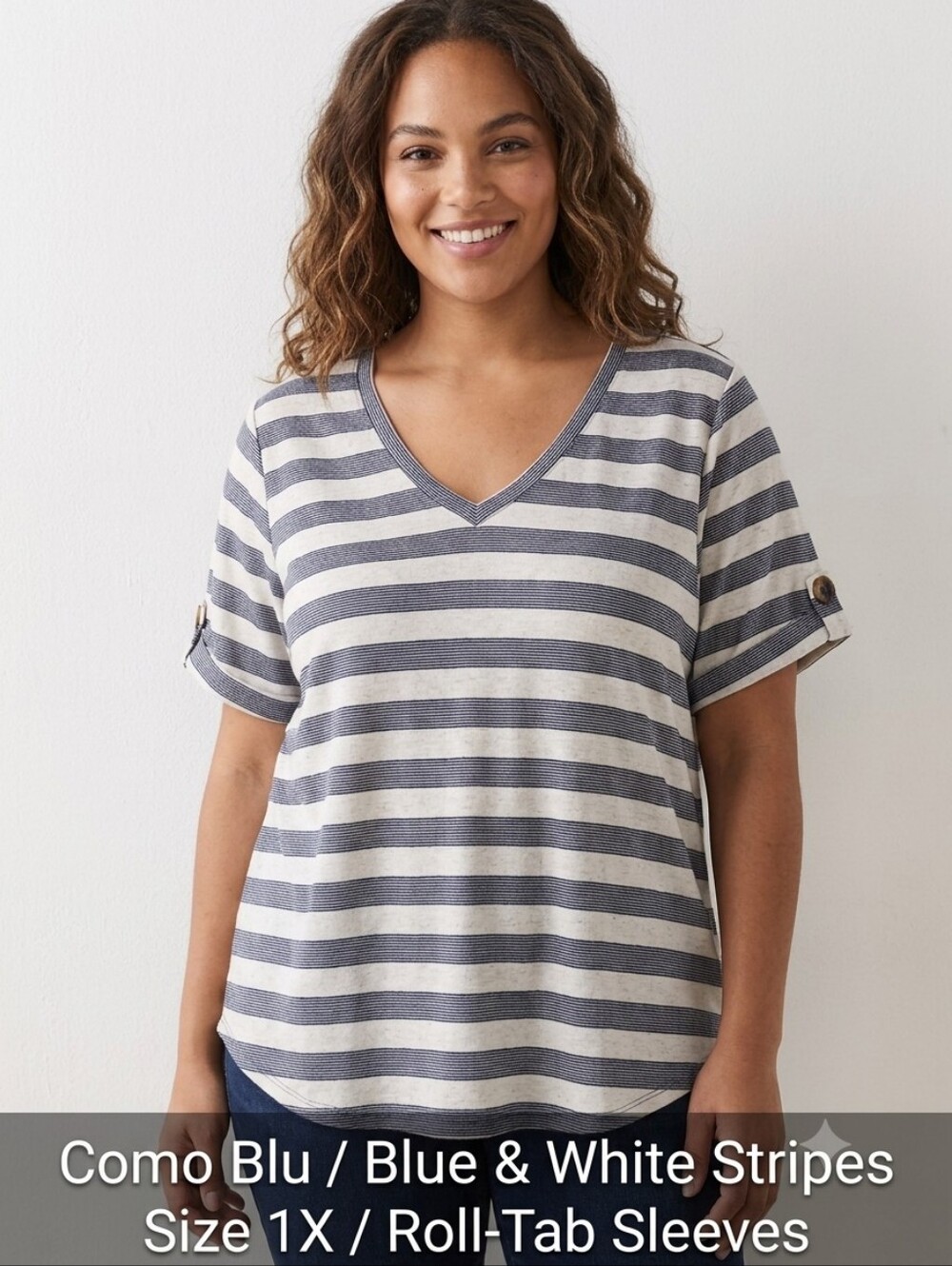 Como Blu Blue White Striped V-Neck Top Size 1X Roll Tab Sleeve Casual